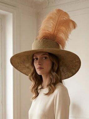 Suzanne Couture Millenery Wide-Brim Ostrich Feather Natural Accent Hat